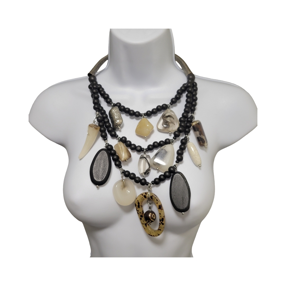 Chico's Black and Cream Layered Bead Necklace with Mixed Pendants